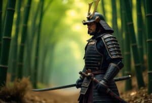 Ein Samurai in traditioneller schwarzer Rüstung und Helm steht in einem Bambuswald und hält ein Katana mit einem weiteren Schwert in der Hüfte. Der Hintergrund ist üppig und grün und schafft eine ruhige und doch intensive Atmosphäre.