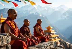 Drei buddhistische Mönche in orangefarbenen und roten Roben sitzen friedlich auf einem steinernen Vorsprung und überblicken eine Berglandschaft mit Tempeln und bunten Gebetsfahnen, die in der klaren Bergluft über ihnen flattern.