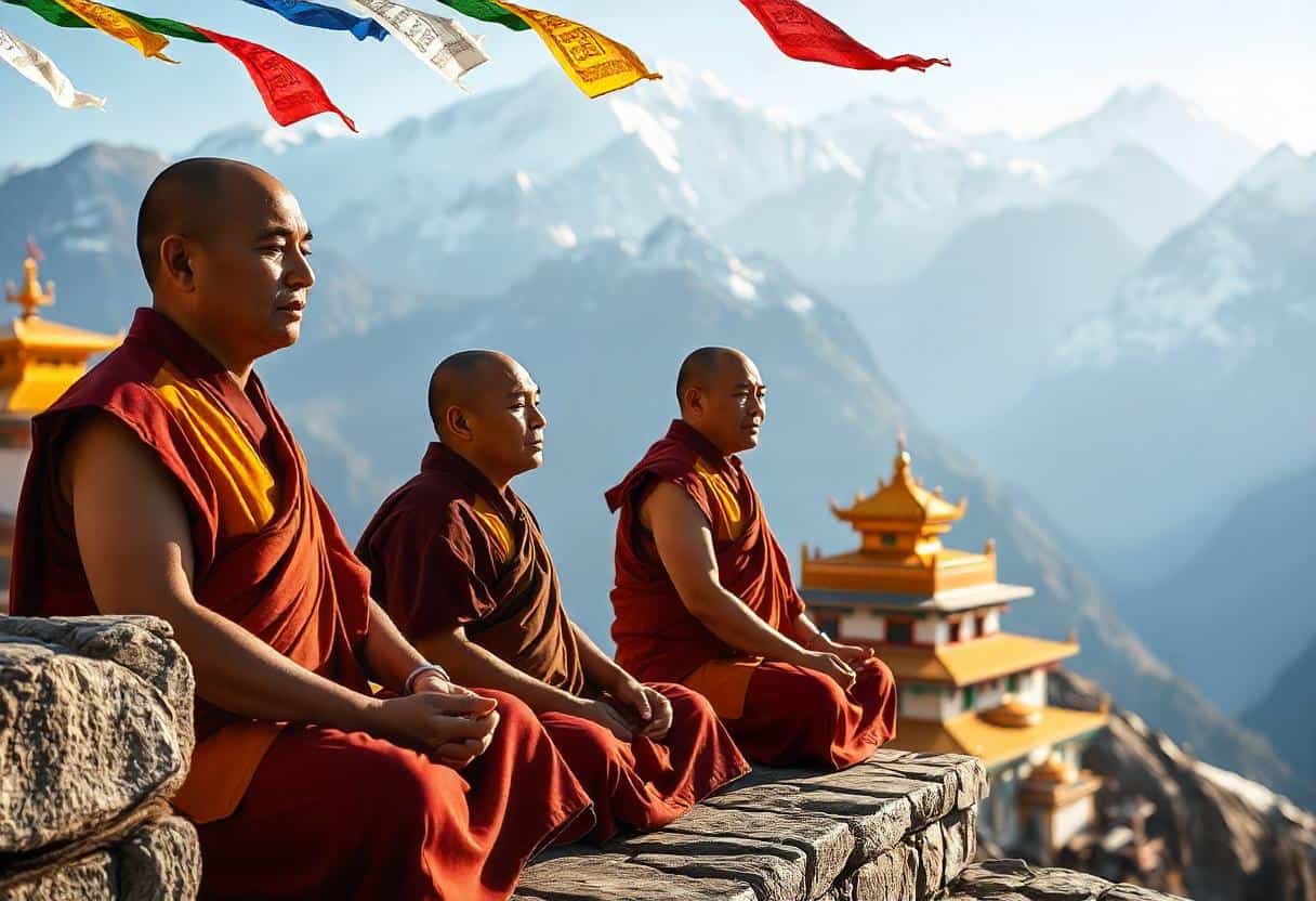 Drei buddhistische Mönche in orangefarbenen und roten Roben sitzen friedlich auf einem steinernen Vorsprung und überblicken eine Berglandschaft mit Tempeln und bunten Gebetsfahnen, die in der klaren Bergluft über ihnen flattern.