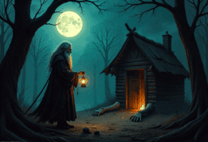 Eine alte Frau mit langem weißem Haar hält eine Laterne in der Nähe einer kleinen Holzhütte mit großen menschenähnlichen Händen und Füßen, die bei Vollmond in einem dunklen, unheimlichen Wald steht, in dem es angeblich von den mystischen Zentauren spukt.