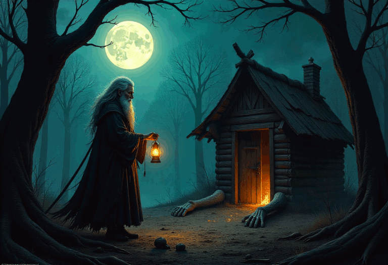Eine alte Frau mit langem weißem Haar hält eine Laterne in der Nähe einer kleinen Holzhütte mit großen menschenähnlichen Händen und Füßen, die bei Vollmond in einem dunklen, unheimlichen Wald steht, in dem es angeblich von den mystischen Zentauren spukt.