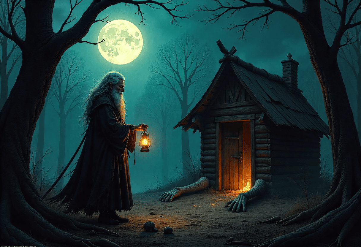 Eine alte Frau mit langem weißem Haar hält eine Laterne in der Nähe einer kleinen Holzhütte mit großen menschenähnlichen Händen und Füßen, die bei Vollmond in einem dunklen, unheimlichen Wald steht, in dem es angeblich von den mystischen Zentauren spukt.