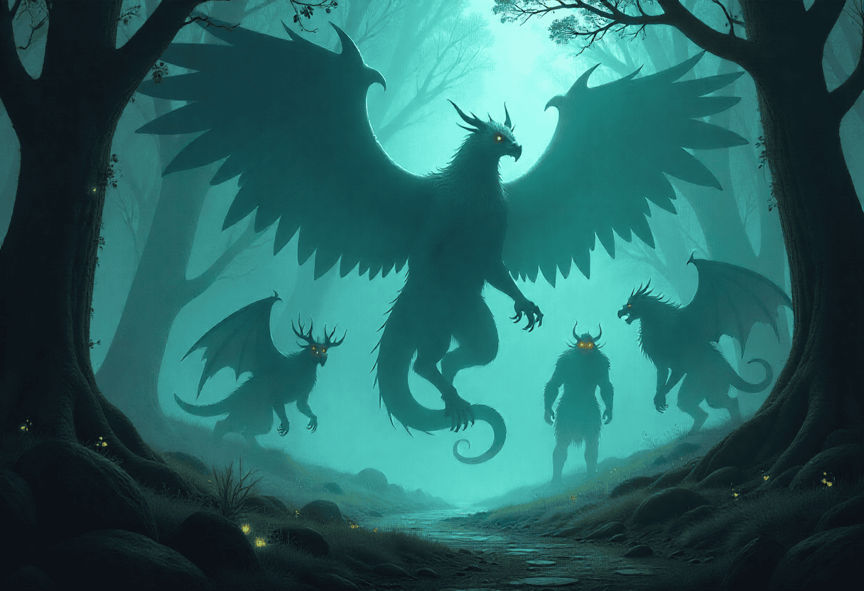 Ein großes, geflügeltes, Zentauren-Drachen-ähnliches Wesen mit glühenden Augen ragt bedrohlich in einem nebligen Wald auf, flankiert von drei kleineren, gehörnten Monstern mit Flügeln und unheimlicher blau-grüner Beleuchtung.