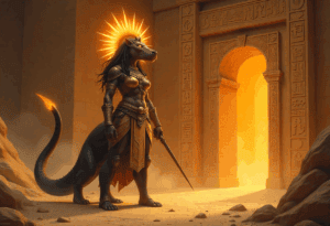 Ein humanoides schwarzes Nilpferd aus Zentauren mit einem leuchtenden Sonnenkopfschmuck und einer altägyptischen Rüstung steht vor einem großen Steintor, das mit Hieroglyphen verziert und in goldenes Licht getaucht ist.