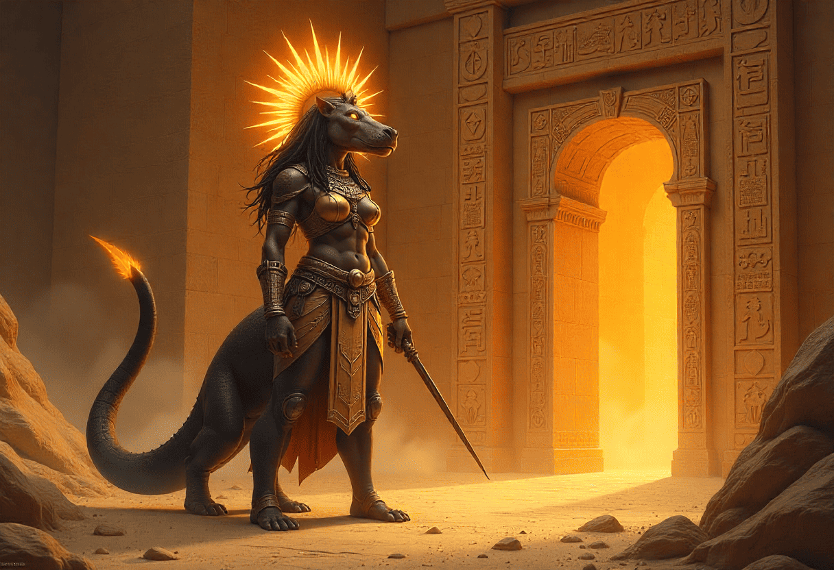 Ein humanoides schwarzes Nilpferd aus Zentauren mit einem leuchtenden Sonnenkopfschmuck und einer altägyptischen Rüstung steht vor einem großen Steintor, das mit Hieroglyphen verziert und in goldenes Licht getaucht ist.