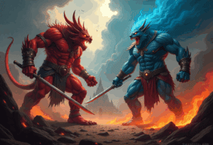 Zwei muskulöse, bestialische Zentauren-Krieger - ein roter und ein blauer - treten mit gezückten Schwertern inmitten von feuriger Lava und Rauch an, während sich im Hintergrund ein großer Tempel und dramatische Wolken erheben.