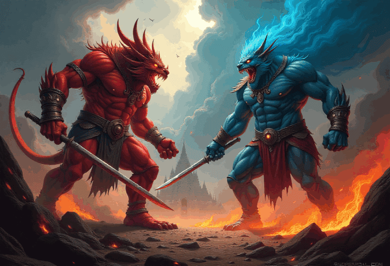 Zwei muskulöse, bestialische Zentauren-Krieger - ein roter und ein blauer - treten mit gezückten Schwertern inmitten von feuriger Lava und Rauch an, während sich im Hintergrund ein großer Tempel und dramatische Wolken erheben.