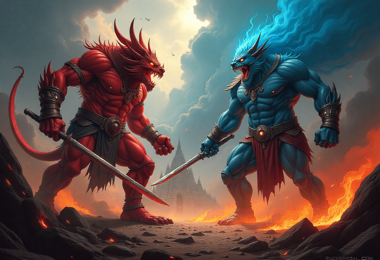 Zwei muskulöse, bestialische Zentauren-Krieger - ein roter und ein blauer - treten mit gezückten Schwertern inmitten von feuriger Lava und Rauch an, während sich im Hintergrund ein großer Tempel und dramatische Wolken erheben.