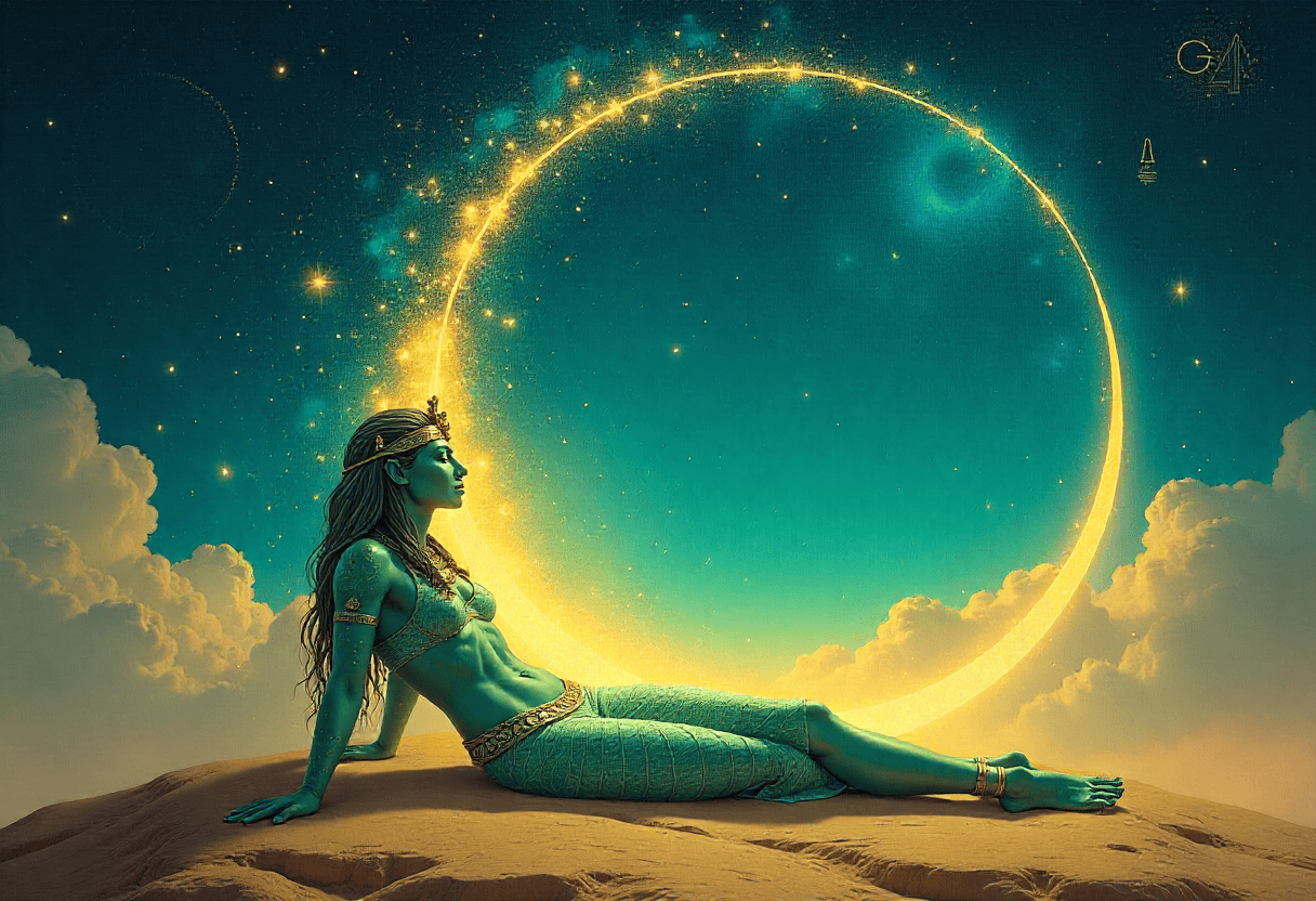 Eine mystische, blauhäutige Zentauren-Frau in einem kunstvollen Gewand lehnt auf einem Felsen und blickt auf eine leuchtende Sichel am Sternenhimmel mit Wolken und einem leuchtenden Ring, der eine ätherische und verzauberte Atmosphäre schafft.