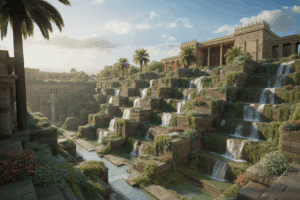 Ein üppiger, terrassenförmig angelegter Garten mit Wasserfällen, Palmen und blühenden Pflanzen umgibt prächtige alte Steinbauten unter einem hellen, klaren Himmel, der an die Hängenden Gärten von Babylon erinnert.