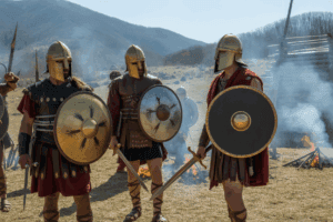 Drei Personen, gekleidet wie antike griechische Soldaten mit Bronzehelmen und roten Tuniken, stehen im Freien mit Schilden und Speeren, mit Rauch und Bergen im Hintergrund.