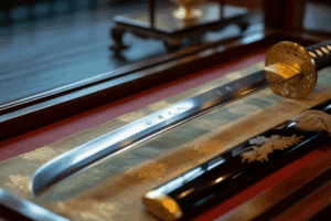 Nahaufnahme eines polierten japanischen Katanas mit eingravierten Schriftzeichen auf der Klinge, das in einem Holzetui zusammen mit einer schwarzen, mit goldenen Details und einem gemusterten Tuch verzierten Scheide präsentiert wird.