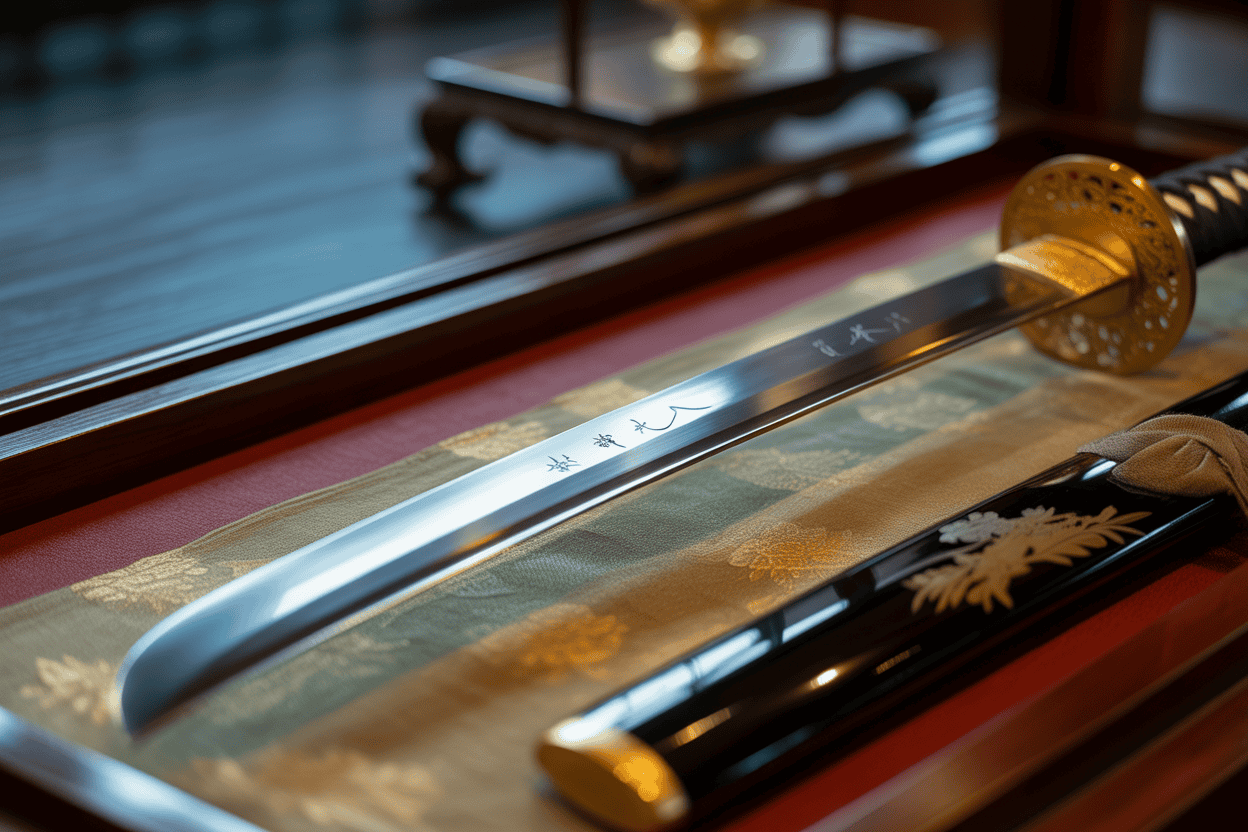Nahaufnahme eines polierten japanischen Katanas mit eingravierten Schriftzeichen auf der Klinge, das in einem Holzetui zusammen mit einer schwarzen, mit goldenen Details und einem gemusterten Tuch verzierten Scheide präsentiert wird.