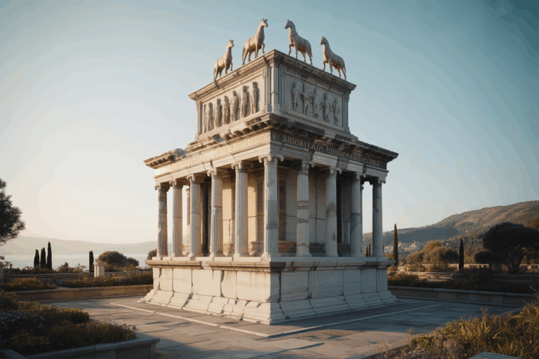 Ein großes altes Mausoleum mit hohen Säulen und detaillierten Schnitzereien, gekrönt von vier Pferdestatuen. Das Bauwerk ist umgeben von Landschaftsgärten und fernen Hügeln unter einem klaren Himmel.