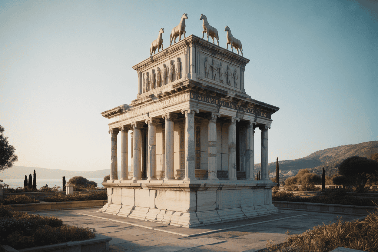 Ein großes altes Mausoleum mit hohen Säulen und detaillierten Schnitzereien, gekrönt von vier Pferdestatuen. Das Bauwerk ist umgeben von Landschaftsgärten und fernen Hügeln unter einem klaren Himmel.