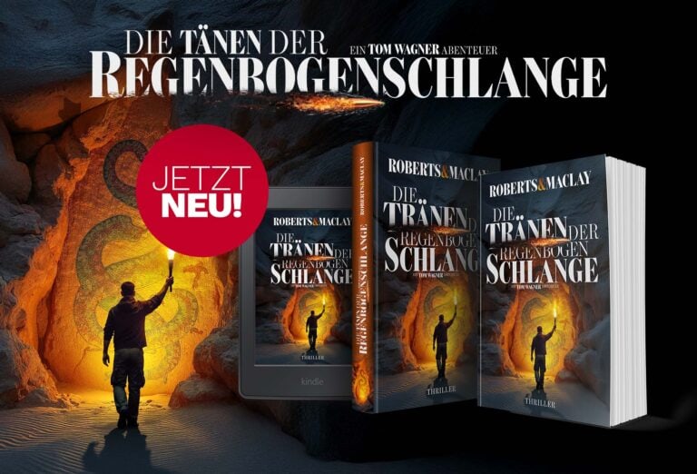Ein Buchcover für Die Tränen der Regenbogenschlange zeigt einen Mann mit einer Taschenlampe vor einer leuchtenden, schlangenförmigen Höhlenmalerei. Davor sind drei Versionen des Buches und ein roter JETZT NEU!.