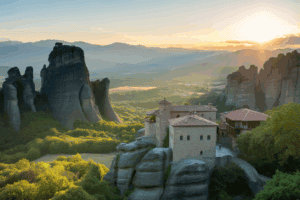 Ein steinernes Kloster thront auf dramatischen Felspfeilern, umgeben von üppigem Grün, bei Sonnenuntergang in Meteora, Griechenland. Die Sonnenstrahlen scheinen über die entfernten Berge und werfen einen goldenen Schein auf die Landschaft.