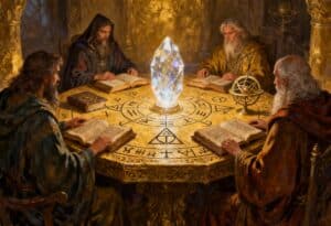 Vier Männer in Gewändern sitzen um einen runden Tisch, der mit mystischen Symbolen bedeckt ist, und lesen alte Bücher. Ein großer, leuchtender Kristall steht in der Mitte des Tisches und erhellt den kunstvollen, goldenen Raum mit warmem Licht.
