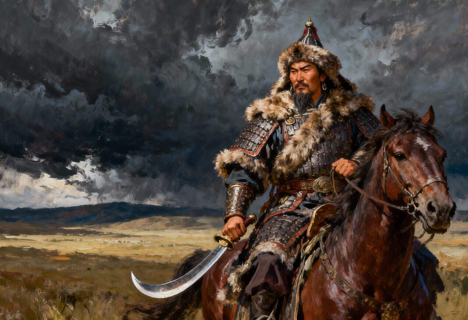 Ein strenger, Dschingis Khan ähnelnder Krieger in pelzbesetzter Rüstung und Helm reitet auf einem Pferd über eine windgepeitschte Ebene, in der Hand ein gebogenes Schwert, während sich hinter ihm dunkle Gewitterwolken am dramatischen Himmel sammeln.
