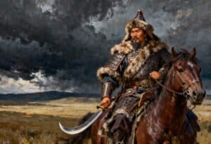 Ein strenger, Dschingis Khan ähnelnder Krieger in pelzbesetzter Rüstung und Helm reitet auf einem Pferd über eine windgepeitschte Ebene, in der Hand ein gebogenes Schwert, während sich hinter ihm dunkle Gewitterwolken am dramatischen Himmel sammeln.