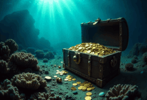 Eine offene Schatztruhe mit Goldmünzen liegt auf dem Meeresboden in der Nähe von lebhaften Korallen, während das Sonnenlicht durch das Wasser darüber fällt - vielleicht die verlorene Beute der Flor de la Ma.