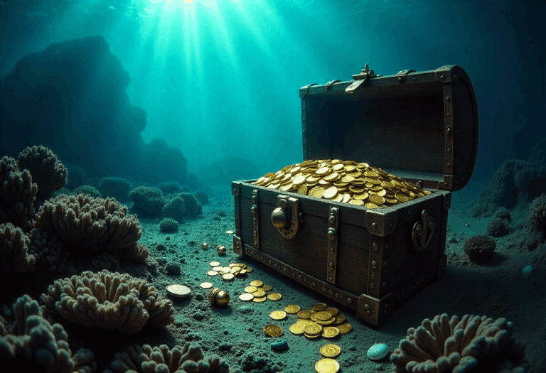 Eine offene Schatztruhe mit Goldmünzen liegt auf dem Meeresboden in der Nähe von lebhaften Korallen, während das Sonnenlicht durch das Wasser darüber fällt - vielleicht die verlorene Beute der Flor de la Ma.
