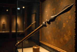 Nahaufnahme einer verzierten, antiken Lanze, bei der es sich vermutlich um die Heilige Lanze handelt. Sie ist mit kunstvollen Schnitzereien versehen und wird in einem Museum vor einem gerahmten Kunstwerk mit floralen Mustern ausgestellt, das sanft beleuchtet ist, um die historischen Details hervorzuheben.