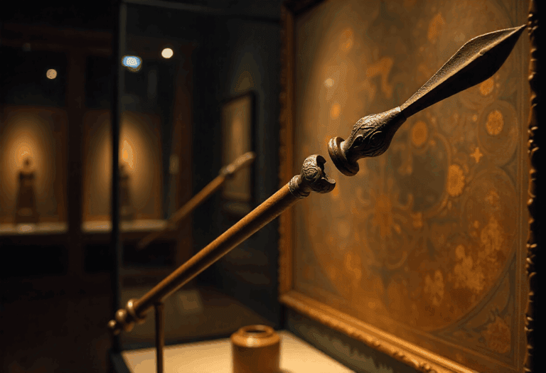 Nahaufnahme einer verzierten, antiken Lanze, bei der es sich vermutlich um die Heilige Lanze handelt. Sie ist mit kunstvollen Schnitzereien versehen und wird in einem Museum vor einem gerahmten Kunstwerk mit floralen Mustern ausgestellt, das sanft beleuchtet ist, um die historischen Details hervorzuheben.
