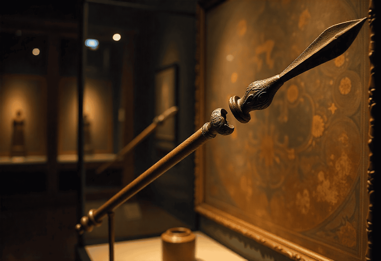 Nahaufnahme einer verzierten, antiken Lanze, bei der es sich vermutlich um die Heilige Lanze handelt. Sie ist mit kunstvollen Schnitzereien versehen und wird in einem Museum vor einem gerahmten Kunstwerk mit floralen Mustern ausgestellt, das sanft beleuchtet ist, um die historischen Details hervorzuheben.