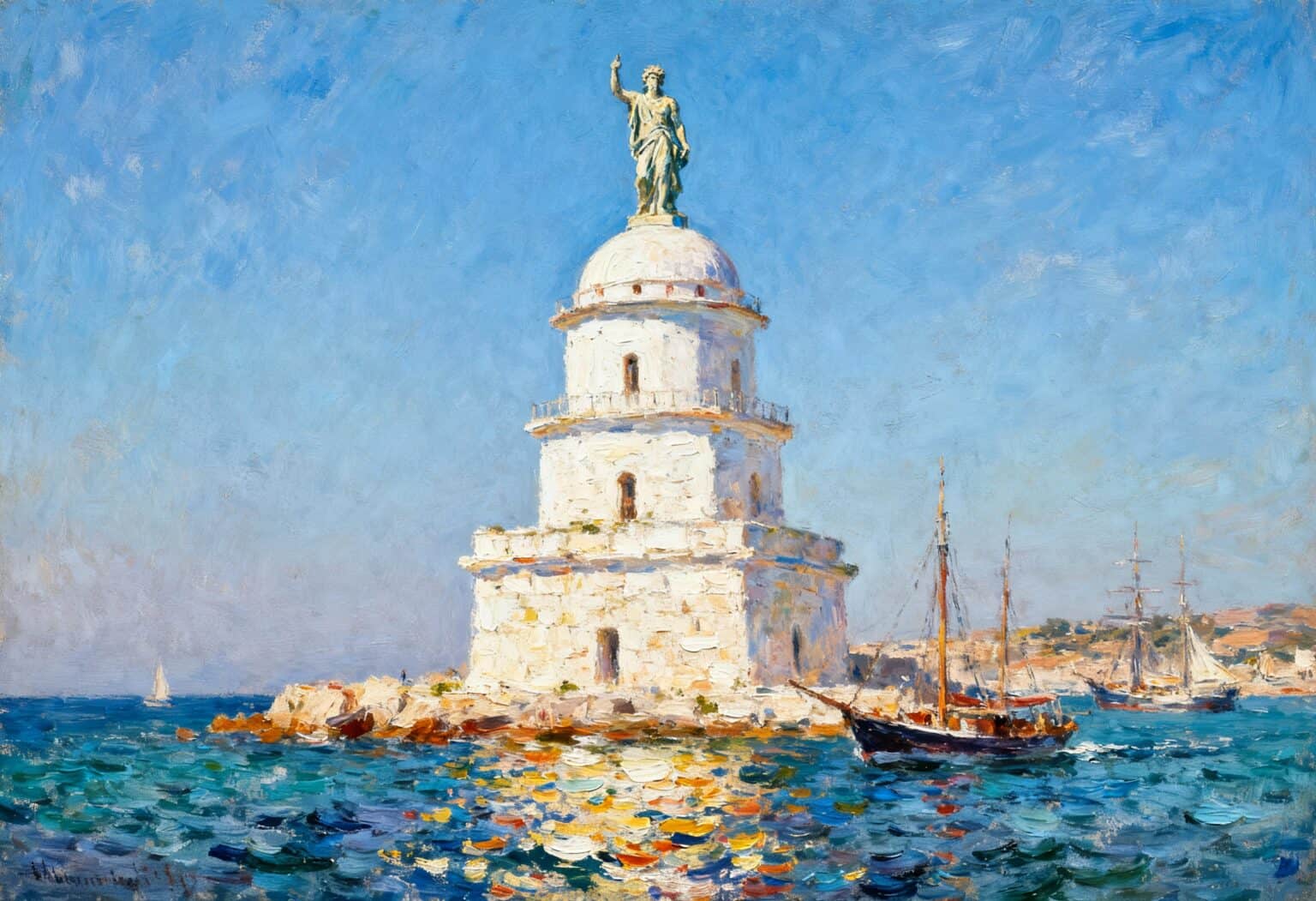 Auf einer felsigen Insel, umgeben von blauem Meer, steht ein Leuchtturm mit einer Statue an der Spitze. In der Nähe gleiten Segelboote unter einem hellen, klaren Himmel über das Wasser. Im fernen Hintergrund ist eine Küstenstadt zu erkennen.