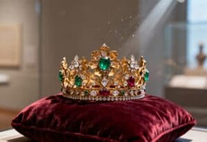 Eine goldene mexikanische Krone, die mit Smaragden, Rubinen und Diamanten verziert ist, ruht auf einem Kissen aus rotem Samt, das in einer sanft beleuchteten Museumsumgebung ausgestellt ist.