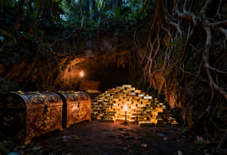 In einer versteckten Höhle im Dschungel, in der sich angeblich Yamashitas Gold befindet, stapeln sich Goldbarren, verzierte Schatztruhen und leuchtende Laternen inmitten von verschlungenen Baumwurzeln und dichtem Blattwerk.