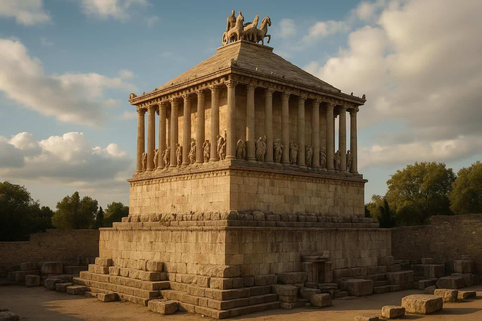 Antikes steinernes Mausoleum von Halikarnassos mit hohen Säulen und Statuen, darunter eine Wagenskulptur auf dem Dach, umgeben von verstreuten Steinruinen unter einem teilweise bewölkten Himmel.