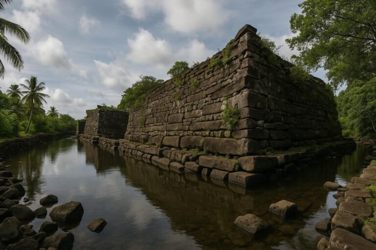 Zwei große, alte Steinbauten mit rechteckigen Blöcken, die an Nan Madol erinnern, stehen teilweise im Wasser, umgeben von üppigen grünen Bäumen und unter einem wolkenverhangenen Himmel.