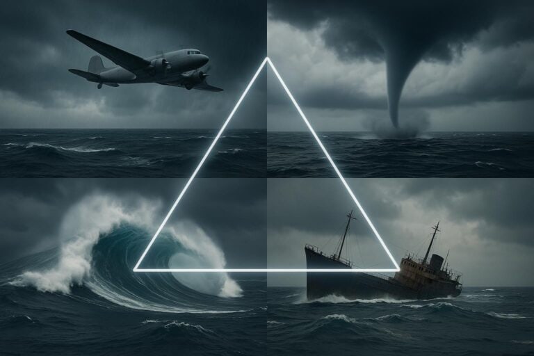 Vier stürmische Meeresszenen bilden ein Raster: ein Flugzeug fliegt über die Wellen, ein Tornado geht nieder, eine große Welle erhebt sich, und ein Schiff kippt in rauer See; in der Mitte deutet ein leuchtendes Dreieck auf das Geheimnis des Bermudadreiecks hin.