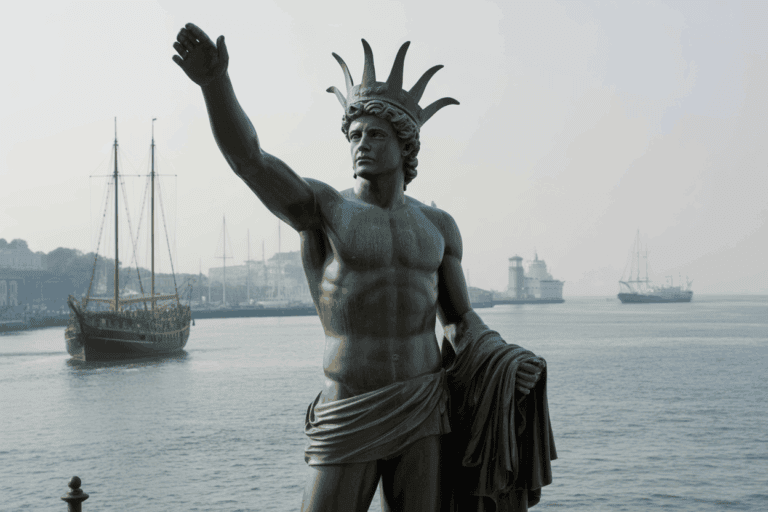 Eine Bronzestatue des Koloss von Rhodos, ein muskulöser Mann mit einer Krone, steht mit erhobenem Arm am Meer. Im Hintergrund treiben Segelschiffe auf dem ruhigen Wasser unter einem dunstigen Himmel.