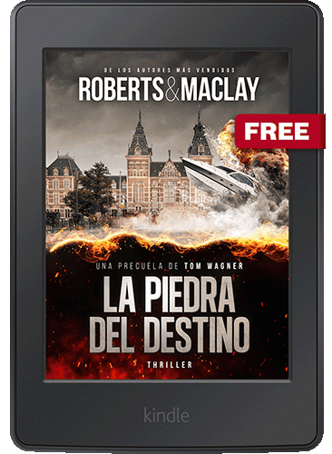 Ein Kindle mit dem Cover des Thrillerbuchs La Piedra del Destino von Roberts & Maclay, das ein großes Gebäude, eine rasende Yacht, Feuer und Rauch zeigt, mit einem FREE-Etikett in der oberen rechten Ecke.
