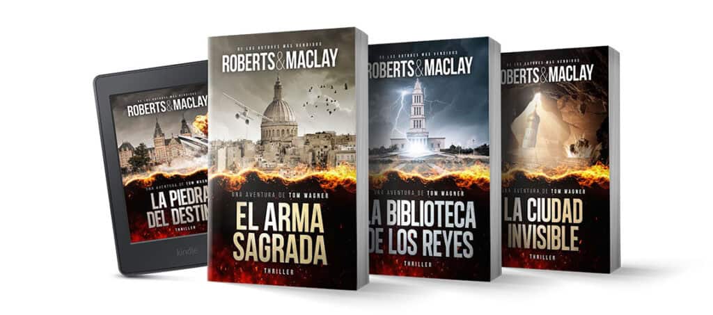 Vier spanische Krimis von Roberts & Maclay werden ausgestellt, jeder mit einem dramatischen Cover, das Wahrzeichen und explosive Effekte zeigt. Zu den Titeln gehören La Piedra del Destino, El Arma Sagrada, La Biblioteca de los Reyes und La Ciudad Invisible.