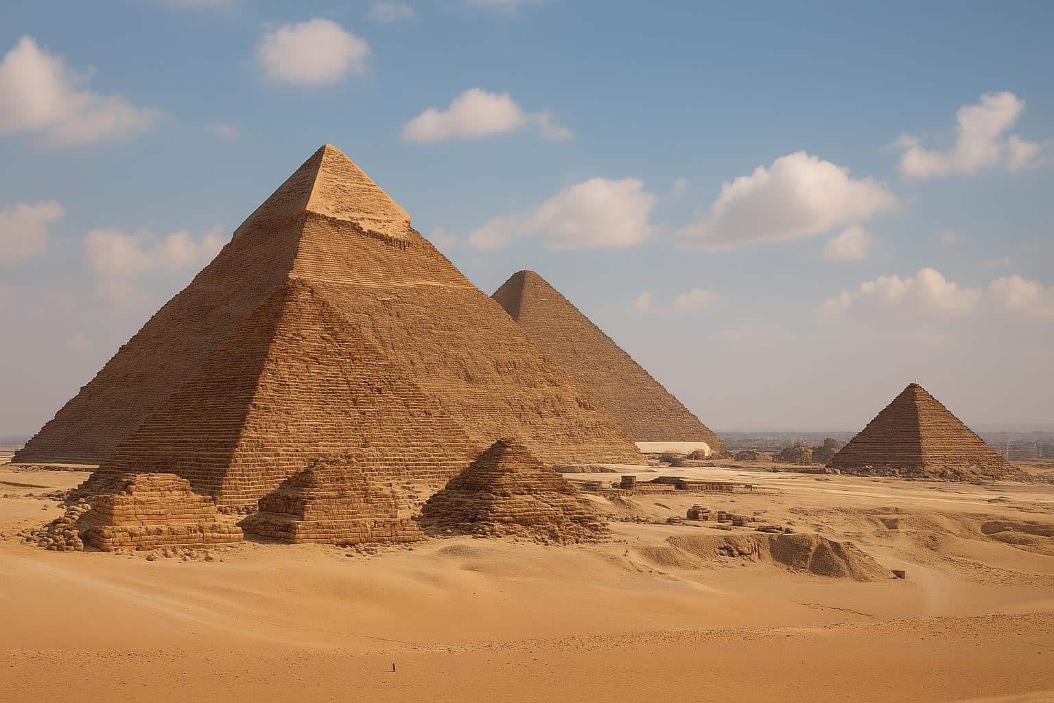 Das Bild zeigt die Pyramiden von Gizeh in Ägypten, mit mehreren großen und kleinen Pyramiden, die in einer Sandwüste unter einem blauen Himmel mit vereinzelten Wolken stehen.