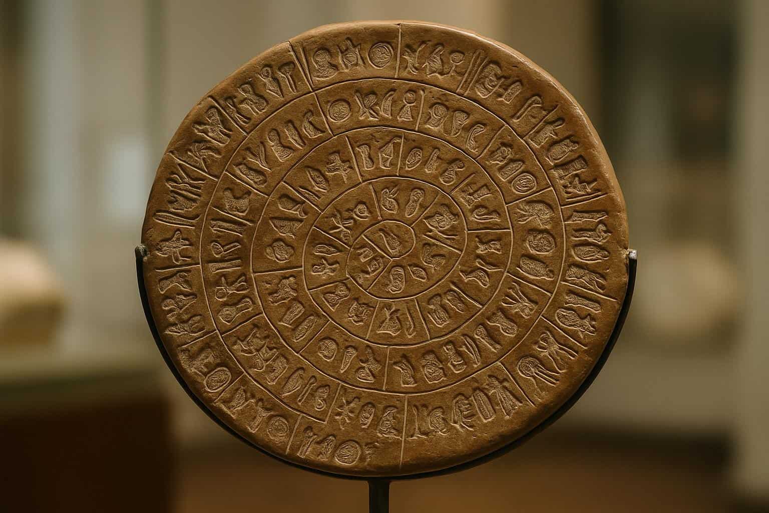 Ein runder Diskos von Phaistos aus Ton, der mit einer Spirale aus antiken Symbolen und Schriftzeichen beschriftet ist, wird aufrecht auf einem Ständer in einem Museum ausgestellt.