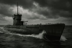 Ein dunkles, altes U-Boot, das an ein verschwundenes U-Boot erinnert, bewegt sich durch kabbelige Gewässer unter einem stürmischen Himmel. Die Wellen schlagen gegen seinen Rumpf und verstärken die Dramatik und Intensität der Szene.