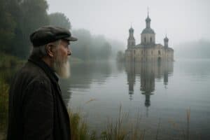 Ein älterer Mann mit grauem Bart und Mütze steht an einem nebelverhangenen See und blickt auf das sagenumwobene Kitezh - das "russische Atlantis" - mit seiner kuppelförmigen, kreuzförmigen Kirche, die teilweise unter Bäumen und Nebel versunken ist.