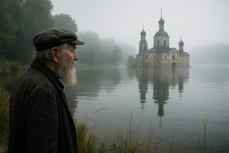 Ein älterer Mann mit grauem Bart und Mütze steht an einem nebelverhangenen See und blickt auf das sagenumwobene Kitezh - das "russische Atlantis" - mit seiner kuppelförmigen, kreuzförmigen Kirche, die teilweise unter Bäumen und Nebel versunken ist.