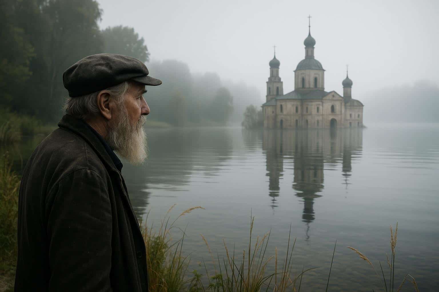 Ein älterer Mann mit grauem Bart und Mütze steht an einem nebelverhangenen See und blickt auf das sagenumwobene Kitezh - das "russische Atlantis" - mit seiner kuppelförmigen, kreuzförmigen Kirche, die teilweise unter Bäumen und Nebel versunken ist.