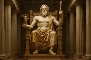Eine große Zeusstatue eines bärtigen Mannes, der auf einem verzierten Thron sitzt, einen Stab in der einen und eine kleine geflügelte Figur in der anderen Hand hält, umgeben von hohen Säulen in einer klassischen architektonischen Umgebung.