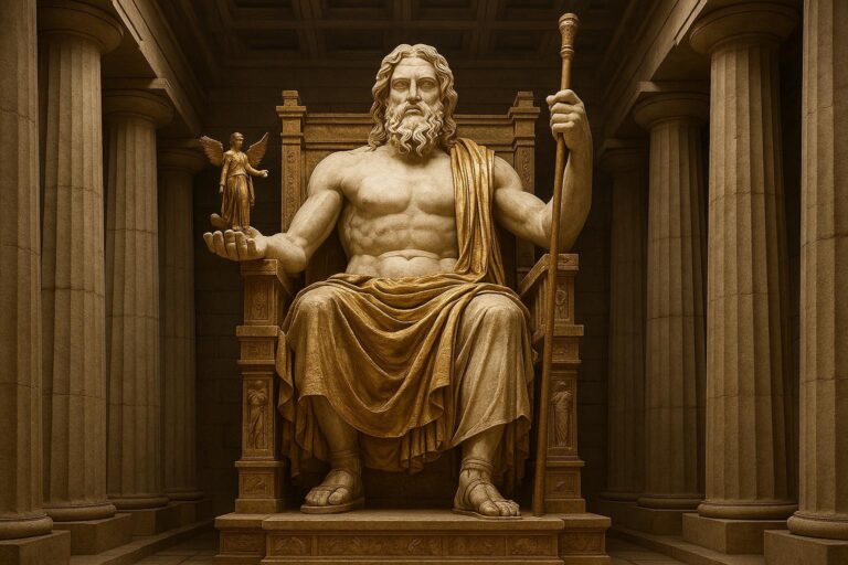 Eine große Zeusstatue eines bärtigen Mannes, der auf einem verzierten Thron sitzt, einen Stab in der einen und eine kleine geflügelte Figur in der anderen Hand hält, umgeben von hohen Säulen in einer klassischen architektonischen Umgebung.