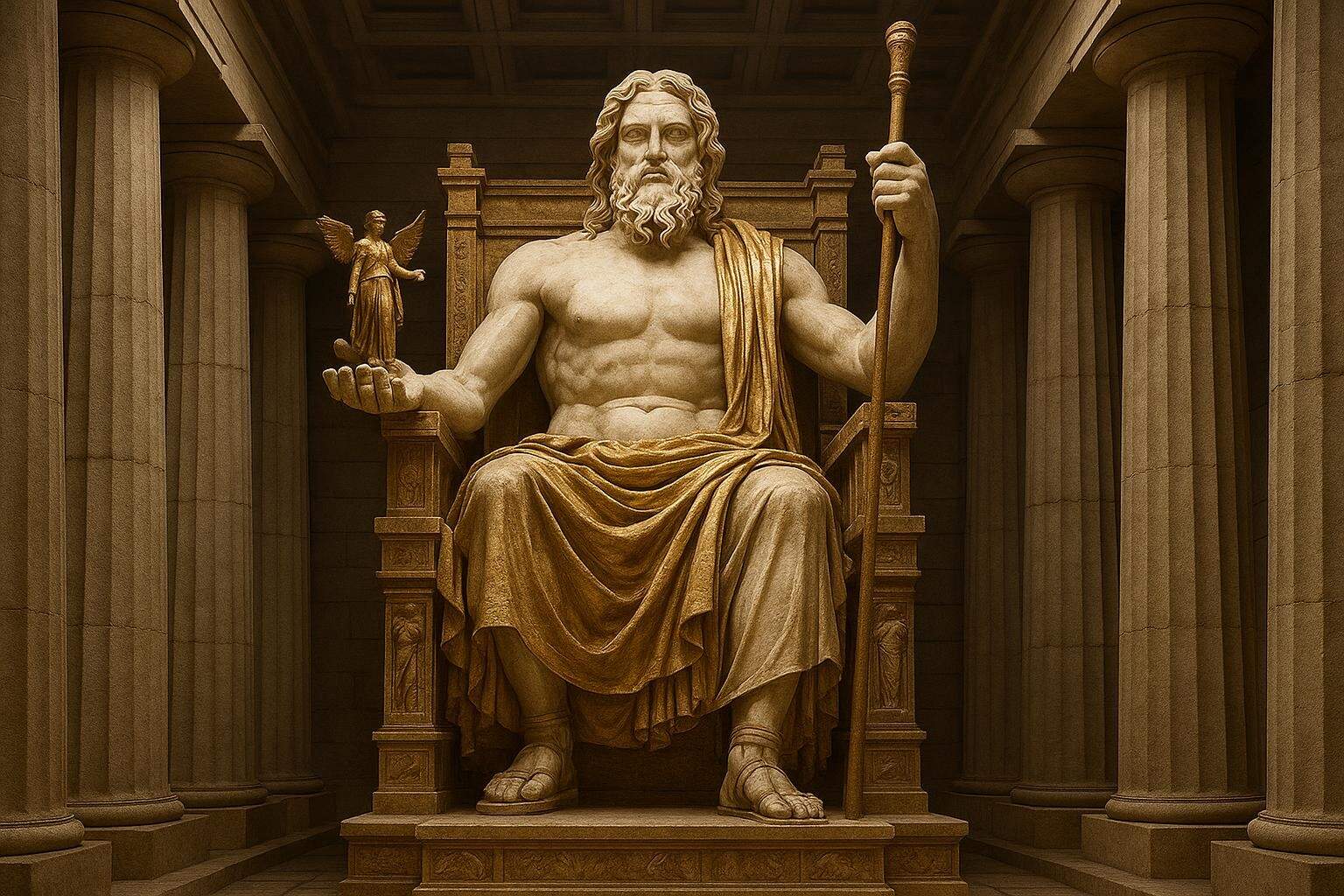 Eine große Zeusstatue eines bärtigen Mannes, der auf einem verzierten Thron sitzt, einen Stab in der einen und eine kleine geflügelte Figur in der anderen Hand hält, umgeben von hohen Säulen in einer klassischen architektonischen Umgebung.