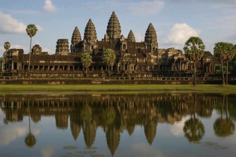 Der Tempel von Angkor Wat in Kambodscha steht majestätisch zwischen Palmen und alten Gemäuern unter einem teilweise bewölkten blauen Himmel, von einem spiegelnden Teich aus gesehen.