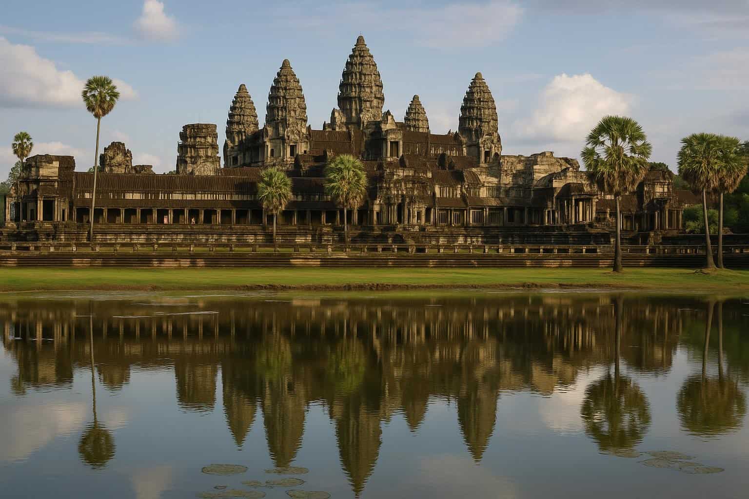 Der Tempel von Angkor Wat in Kambodscha steht majestätisch zwischen Palmen und alten Gemäuern unter einem teilweise bewölkten blauen Himmel, von einem spiegelnden Teich aus gesehen.
