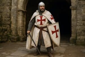 Ein Tempelritter in Kettenhemd und weißer Tunika mit roten Kreuzen steht vor einem steinernen Torbogen und hält ein Schwert und einen Schild mit demselben roten Kreuz in der Hand.